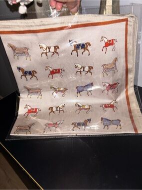 Equestrian Horse Print Silk Scarf - Beige with Red & Blue Accents